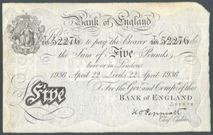 London Coins : A122 : Lot 163 : Five pounds Peppiatt white B241 dated 22 April 1936 serial T/219 52276 LEEDS branch issue, Fine