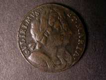London Coins : A122 : Lot 1655 : Halfpenny 1694 Peck 605 No stop on Reverse, Fine, Ex-Nicholson Collection 2003 item BN054