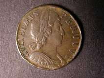 London Coins : A122 : Lot 1656 : Halfpenny 1697 No stops on obverse only NVF/GF with edge knocks, unrecorded as such by Peck,...