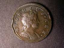 London Coins : A122 : Lot 1666 : Halfpenny 1721 1 over 0 Peck 796 GF/F, Ex-Nicholson collection 2003 item BN186