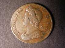 London Coins : A122 : Lot 1669 : Halfpenny 1734 4 over 3 Peck 846 Fine with a dig on the portrait, Ex-Nicholson collection 2003 i...