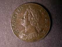 London Coins : A122 : Lot 1670 : Halfpenny 1742 2 over 0 Peck 870 GVF, Ex-Nicholson collection 2003 item BN253