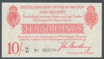 London Coins : A122 : Lot 67 : Treasury 10 shillings Bradbury T13.2 prefix W1/87 issued 1915, small rust marks bottom right cor...