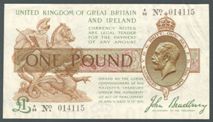 London Coins : A122 : Lot 79 : Treasury one pound Bradbury T16 prefix A/26 first series issued 1917, some wrinkling on corners&...