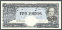 London Coins : A124 : Lot 1508 : Australia £5 issued 1960-65, Reserve Bank issue prefix TC/60, Pick35a, lightly pre...