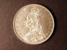 London Coins : A124 : Lot 245 : Double Florin 1887 Roman 1 in date ESC 394 Lustrous UNC with some light contact marks on the obverse...