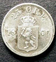 London Coins : A126 : Lot 545 : Norway 25 Ore 1876 KM#354 NEF retaining some lustre