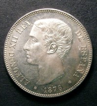 London Coins : A126 : Lot 573 : Spain 5 Pesetas 1876 (76) DE-M KM#671 Lustrous UNC with a few light spots on the reverse