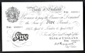 London Coins : A130 : Lot 170 : Five pounds Peppiatt white B255 thick paper type dated 6th April 1945 prefix H85, UNC