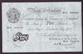 London Coins : A130 : Lot 172 : Five pounds Peppiatt white B264 dated 8th May 1947 serial M12 004022, about VF