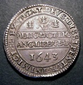 London Coins : A130 : Lot 954 : Crown 1643 Oxford Mint Plume /Seven pellets on reverse, Oxford style horseman with plume behind ...