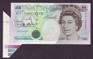 London Coins : A133 : Lot 2313 : ERROR Five Pounds Kentfield. B364. Error. BC41 826201. Extra paper at left hand side showing three c...