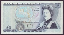 London Coins : A133 : Lot 2315 : ERROR Five Pounds Page. B322. Error. The note is missing both serial numbers on the front. EF to UNC...