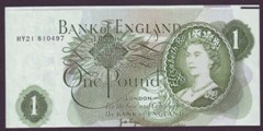 London Coins : A133 : Lot 2319 : ERROR One Pound Page. B322. Error. Incorrectly cut. A small colourful bar at top. Very unusual. UNC.