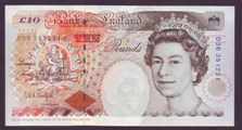 London Coins : A133 : Lot 2328 : ERROR Ten Pounds Kentfield. B366. Missing most of colour on reverse. Nice error. UNC.