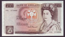 London Coins : A133 : Lot 2333 : ERROR Ten Pounds Somerset. B347. Error. 40L 573968. Large amount of print missing on back. Exception...