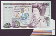 London Coins : A133 : Lot 2338 : ERROR Twenty Pounds Gill. B355. Error. Large extra paper at bottom right which show three colour bar...