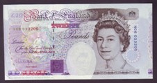 London Coins : A133 : Lot 2355 : ERROR Twenty Pounds Kentfield. B358. Error. N06 033200. Inaccurately cut causing an extra piece of n...