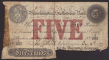 London Coins : A133 : Lot 2467 : Wolverhampton & Staffordshire Bank &pound;5 cut cancelled dated 1877, serial No.1/4083 for D...