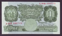 London Coins : A133 : Lot 2543 : One Pound Peppiatt. B239. L39A 596715. Last run. Pressed. Rare. EF.