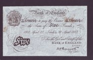 London Coins : A133 : Lot 2555 : Five Pounds Peppiatt. B241. Operation Bernhard. 22nd April 1937. A/392 69691. Slightly dirty on fron...
