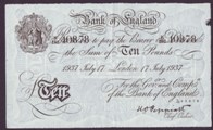London Coins : A133 : Lot 2562 : Ten Pounds Peppiatt. B242. Operation Bernhard. 17th July 1937. K/192 40878. EF with pinholes. 