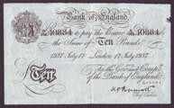 London Coins : A133 : Lot 2563 : Ten Pounds Peppiatt. B242. Operation Bernhard. 17th July 1937. K/192 40884. EF.