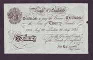 London Coins : A133 : Lot 2566 : Twenty Pounds Peppiatt. B243. Operation Bernhard. 20th August 1934. 48/M 62656. EF with pinholes.