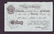 London Coins : A133 : Lot 2567 : Twenty Pounds Peppiatt. B243. Operation Bernhard. 7th June 1937. 54/M 58750. Tear at top left. Pinho...