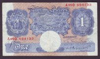 London Coins : A133 : Lot 2580 : One Pound Peppiatt. B249. A99D 694133. Last of first series. Scarce. VF. 