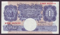 London Coins : A133 : Lot 2585 : One Pound Peppiatt. B249. X96H 467638. Last of run and rare. VF.