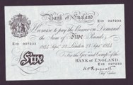 London Coins : A133 : Lot 2606 : Five Pounds White Peppiatt. B255. 23rd September 1944. E19 027233. UNC.