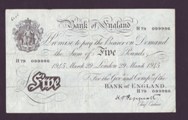 London Coins : A133 : Lot 2607 : Five Pounds White Peppiatt. B255. 29th March 1945. H79 099986. VF.