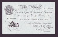 London Coins : A133 : Lot 2608 : Five Pounds White Peppiatt. B255. 9th June 1945. J41 025924. UNC.