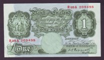 London Coins : A133 : Lot 2613 : One Pound Peppiatt. B258. R99A 209498. Last of first series. Scarce. EF.