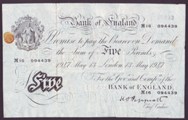 London Coins : A133 : Lot 2644 : Five Pounds White Peppiatt. B264. 13th May 1947. M16 094 439. Stain on left. VF.