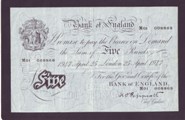 London Coins : A133 : Lot 2645 : Five Pounds White Peppiatt. B264. 25th April 1947. M01 008869. Scarce prefix. Near EF. 
