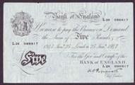 London Coins : A133 : Lot 2646 : Five Pounds White Peppiatt. B264. 25th January 1947. L24 086817. Good VF.