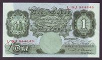 London Coins : A133 : Lot 2671 : One Pound Beale. B268. L18J 844448. Radar note. Last series. EF.