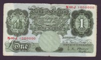 London Coins : A133 : Lot 2711 : One Pound O'Brien. B273. N06J 1000000 a sought after million serial numbered note About Fine.