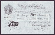 London Coins : A133 : Lot 2730 : Five Pounds White O'Brien. B276. 17th October 1955. A98A 093191. UNC.