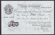 London Coins : A133 : Lot 2731 : Five Pounds White O'Brien. B276. 18th June 1955. A03A 024896. EF.