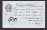 London Coins : A133 : Lot 2733 : Five Pounds White O'Brien. B276. 26th August 1955. A62A 032698. EF to UNC.