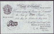 London Coins : A133 : Lot 2734 : Five Pounds White O'Brien. B276. 29th May 1956. D01A 003827. First of last series. Scarce. EF.