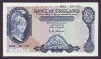 London Coins : A133 : Lot 2747 : Five Pounds O'Brien. B280. H65 351100. First series. EF.