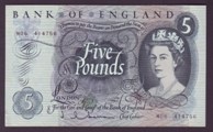 London Coins : A133 : Lot 2783 : Five Pounds Hollom. B298. M06 414756. Replacement. Near EF.