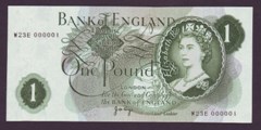 London Coins : A133 : Lot 2844 : One Pound Page. B320. W23E 000001. A nice number one note. UNC.