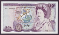 London Coins : A133 : Lot 2882 : Twenty Pounds Page. B329. M02 536309. Replacement. Scarce. UNC.
