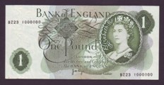London Coins : A133 : Lot 2899 : One Pound Page. B332. BZ23 1000000. A million pound number. EF with centre crease. 