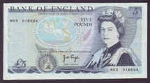 London Coins : A133 : Lot 2901 : Five Pounds Page. B333. M03 016694. Replacement. VF. 